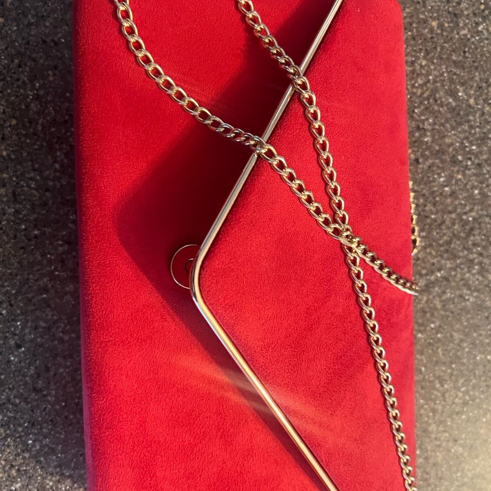 Red Suede Clutch with Gold Chain
